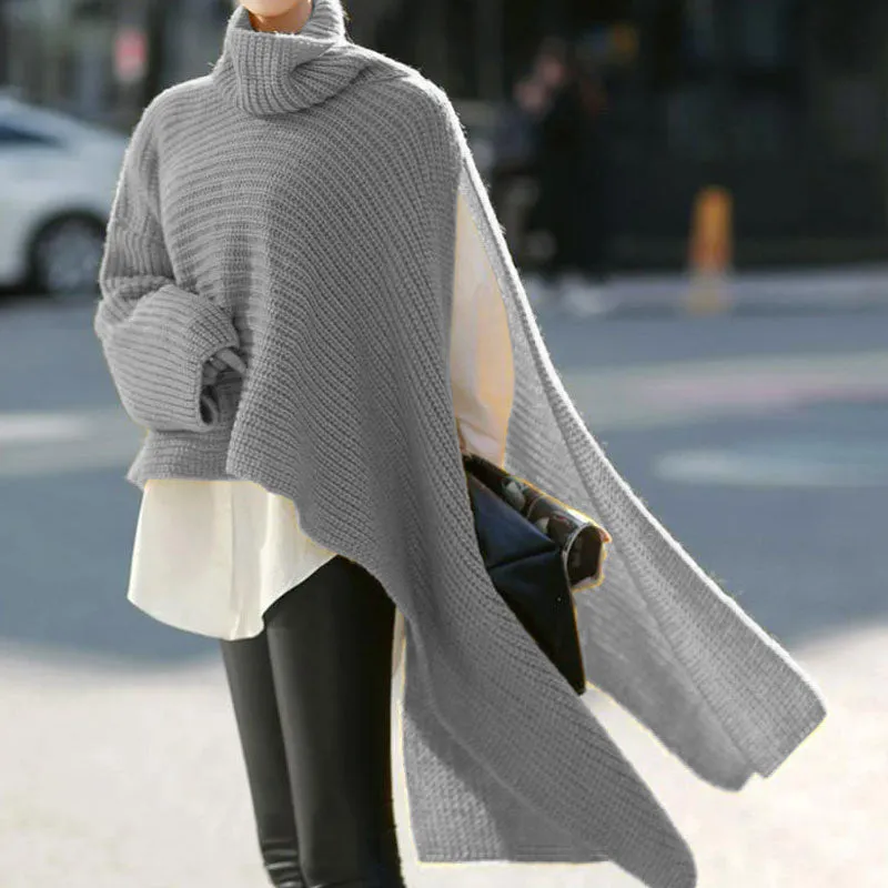 Asymmetric High Low Hem Split Drop Shoulder Funnel Neck Oversized Sweater