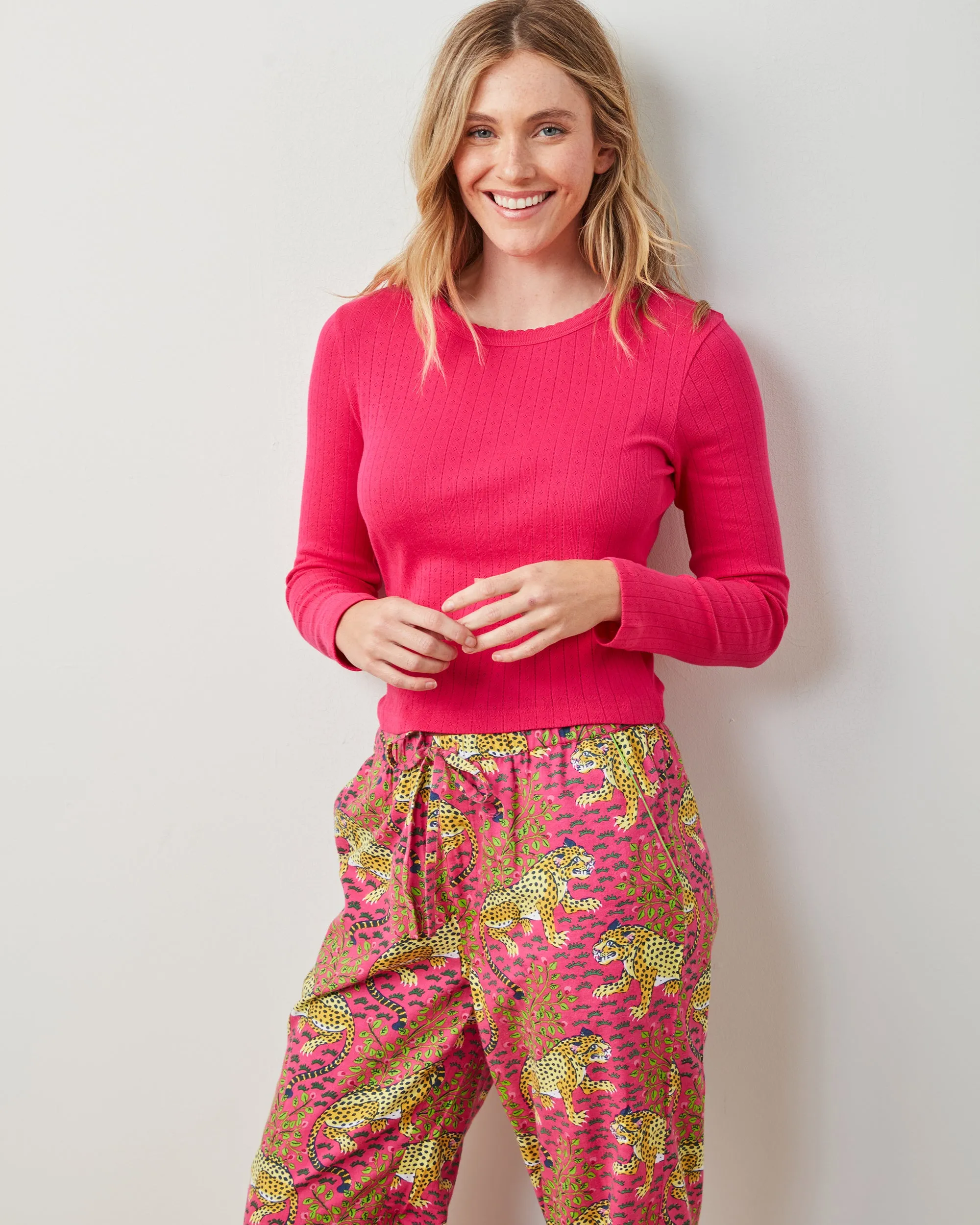 Bagheera - Pointelle Long Sleeve & Lightweight Flannel PJ Pants Set - Hot Pink