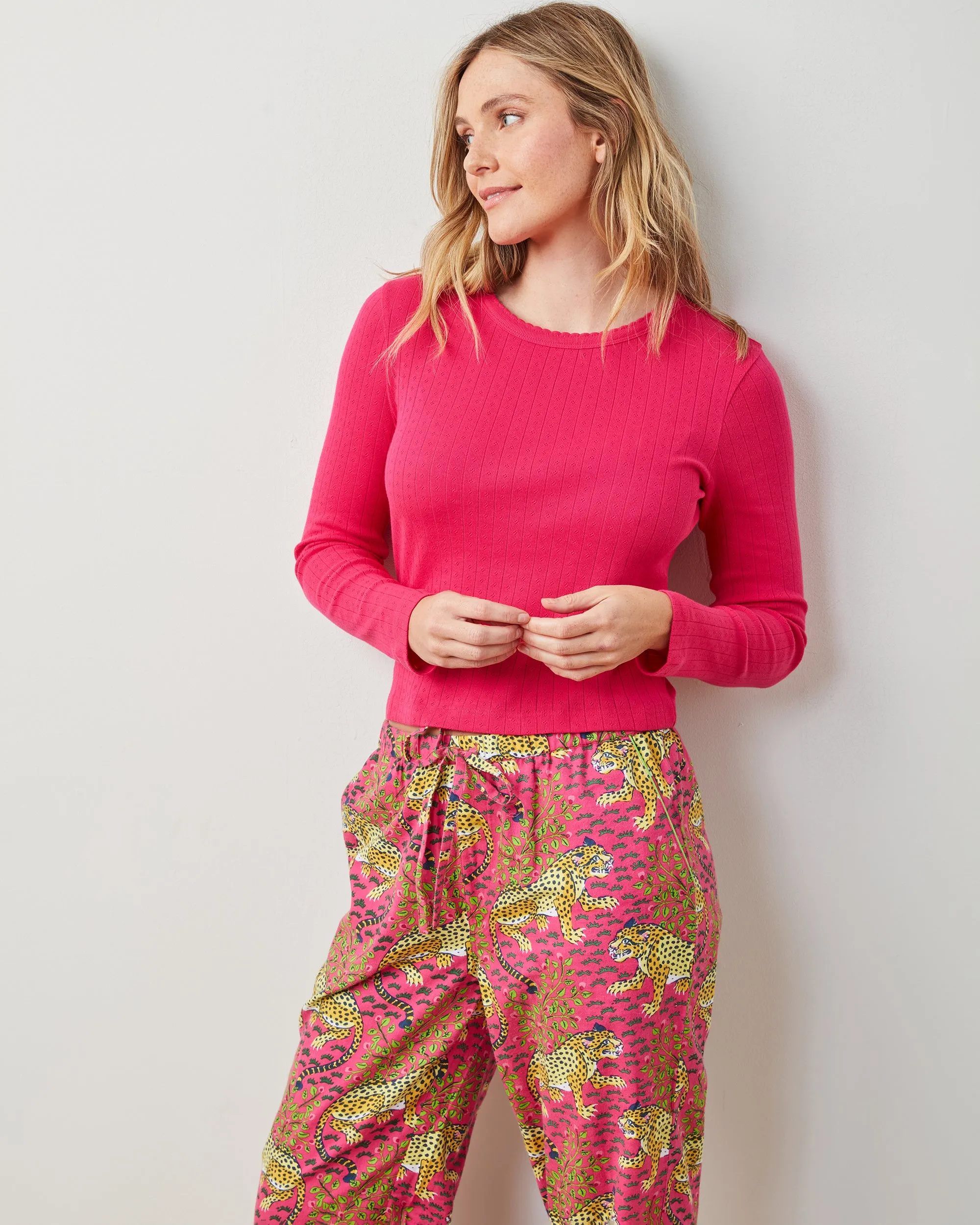 Bagheera - Pointelle Long Sleeve & Lightweight Flannel PJ Pants Set - Hot Pink