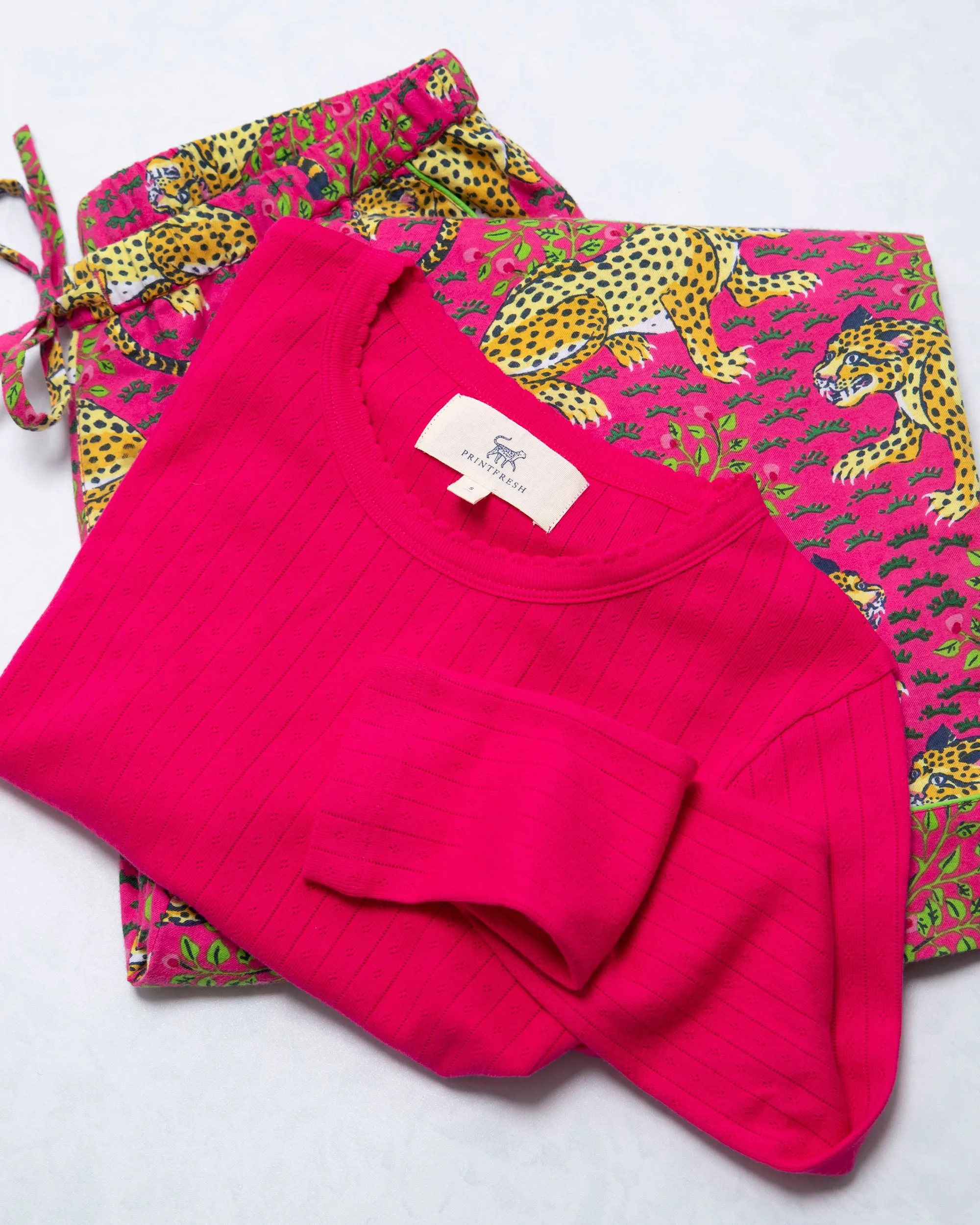 Bagheera - Pointelle Long Sleeve & Lightweight Flannel PJ Pants Set - Hot Pink