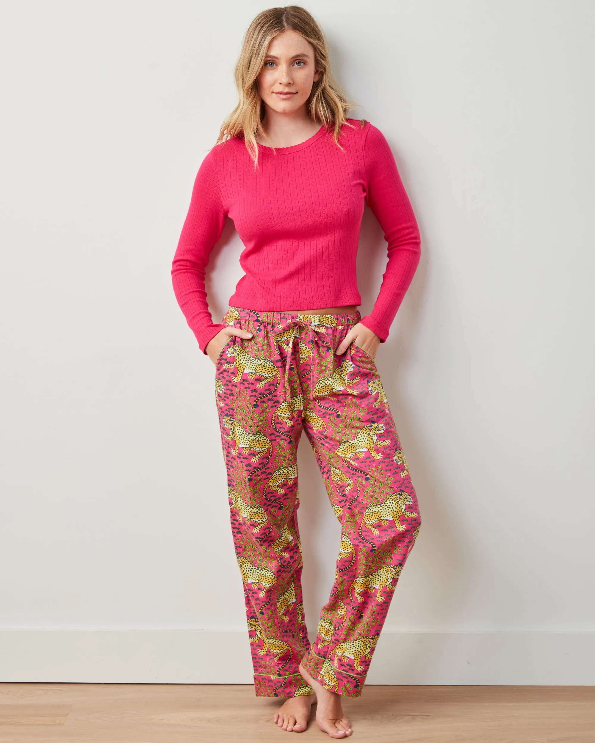 Bagheera - Pointelle Long Sleeve & Lightweight Flannel PJ Pants Set - Hot Pink