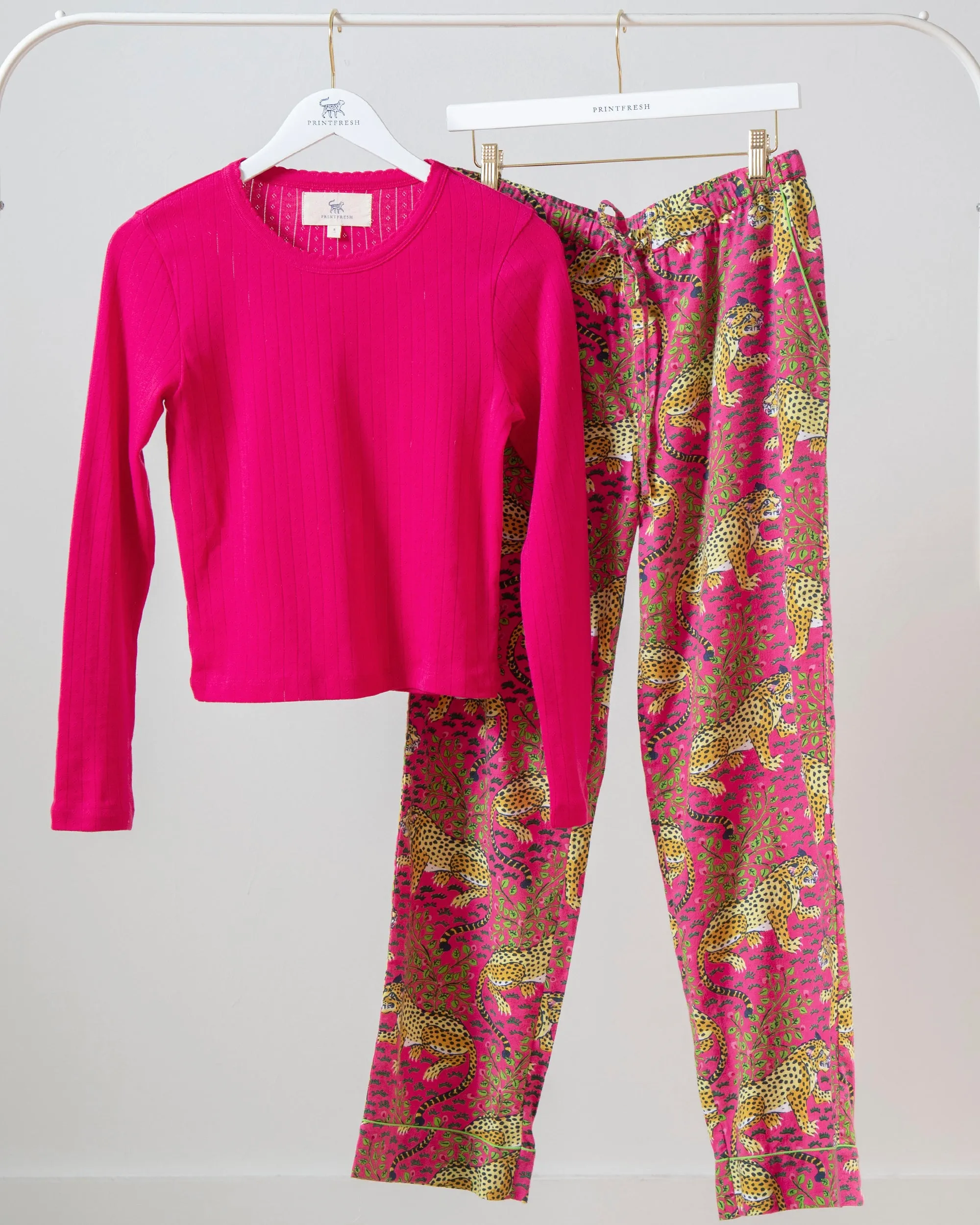 Bagheera - Pointelle Long Sleeve & Lightweight Flannel PJ Pants Set - Hot Pink