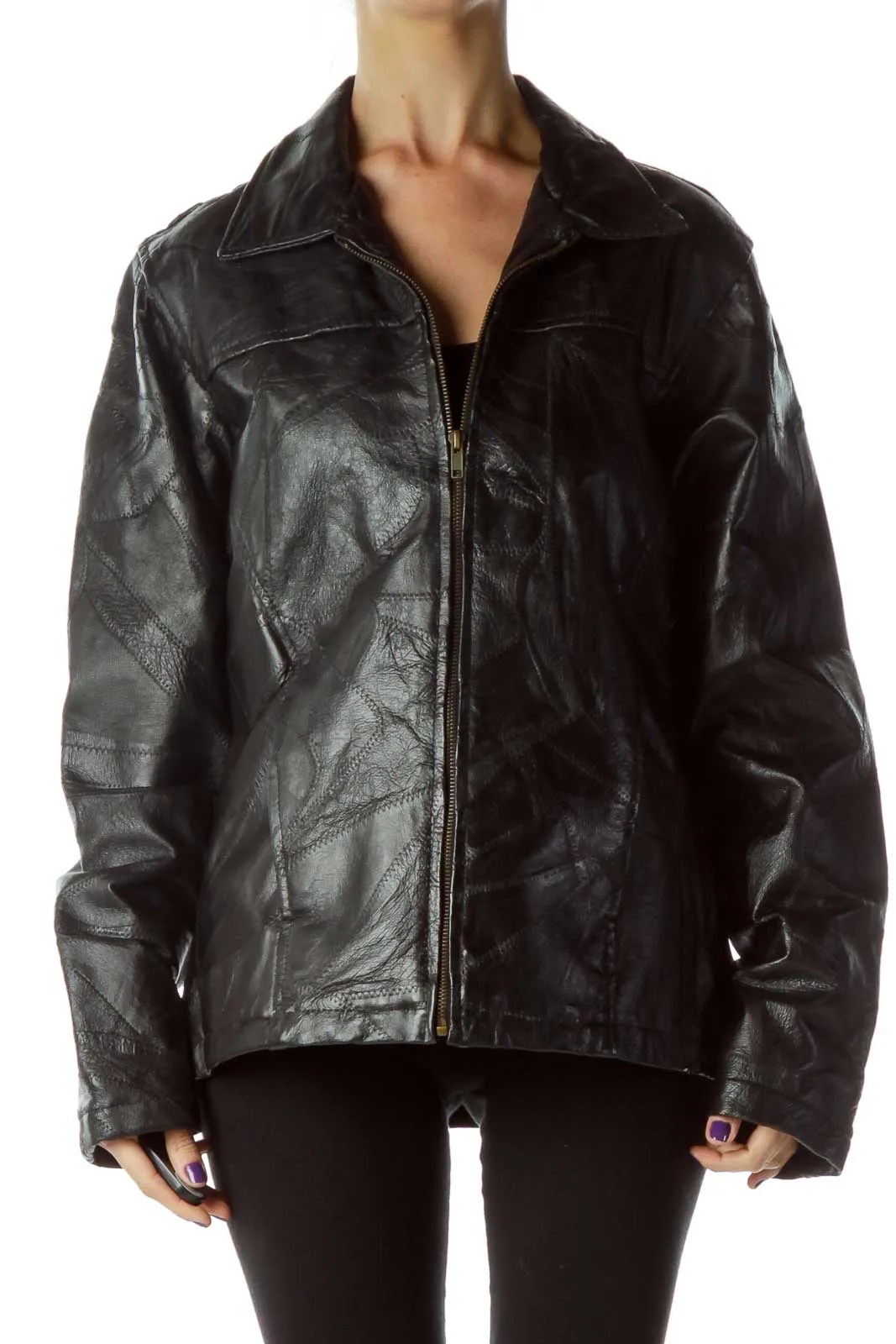 Black Leather Jacket with Quilted Detail