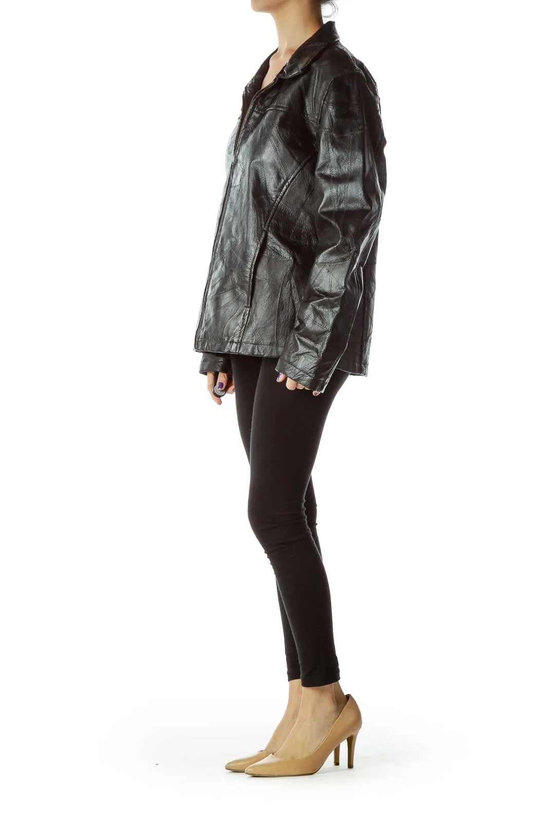 Black Leather Jacket with Quilted Detail