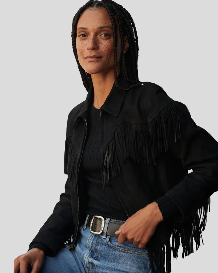 Boho Luxe Fringe Black Suede Jacket