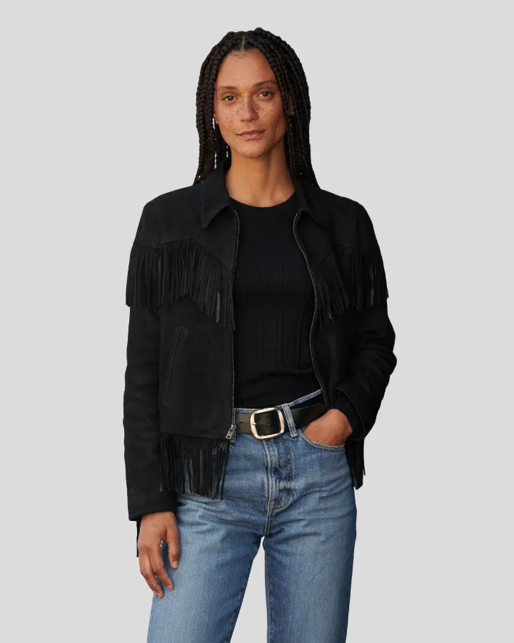 Boho Luxe Fringe Black Suede Jacket