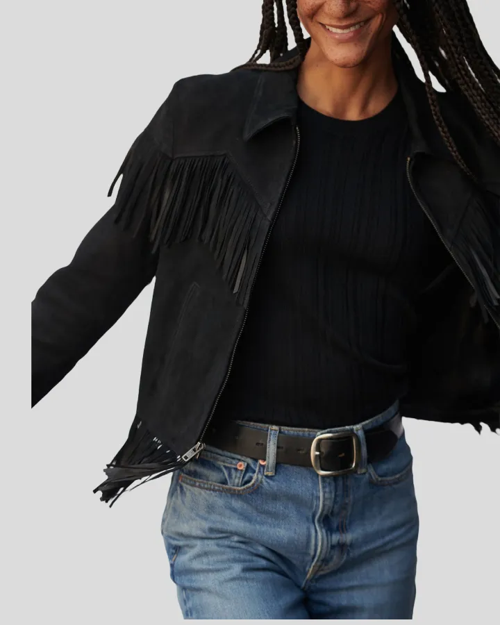 Boho Luxe Fringe Black Suede Jacket