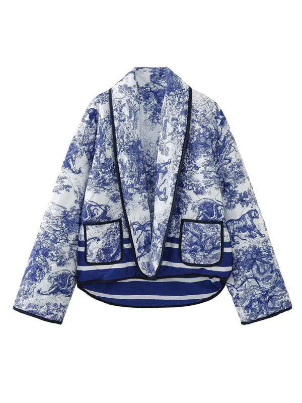 Cozy Winter Abstract Print Shawl Collar Quilted Jacket