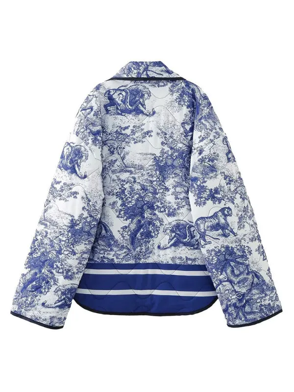 Cozy Winter Abstract Print Shawl Collar Quilted Jacket