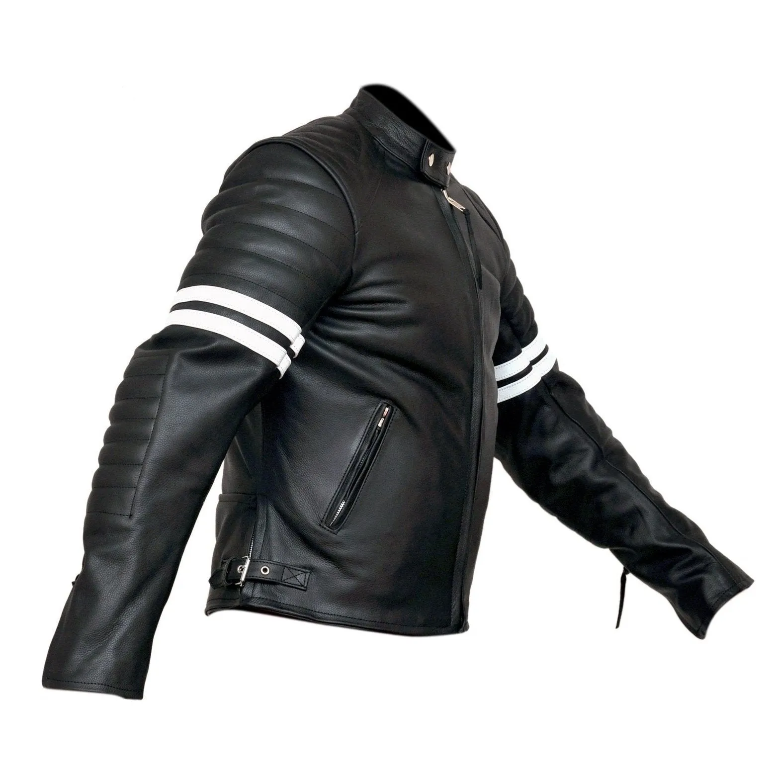 Fight Club 2 White Striped Cafe Racer Style Retro Leather Jacket