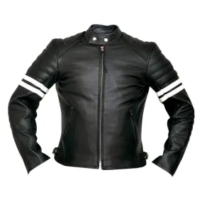 Fight Club 2 White Striped Cafe Racer Style Retro Leather Jacket