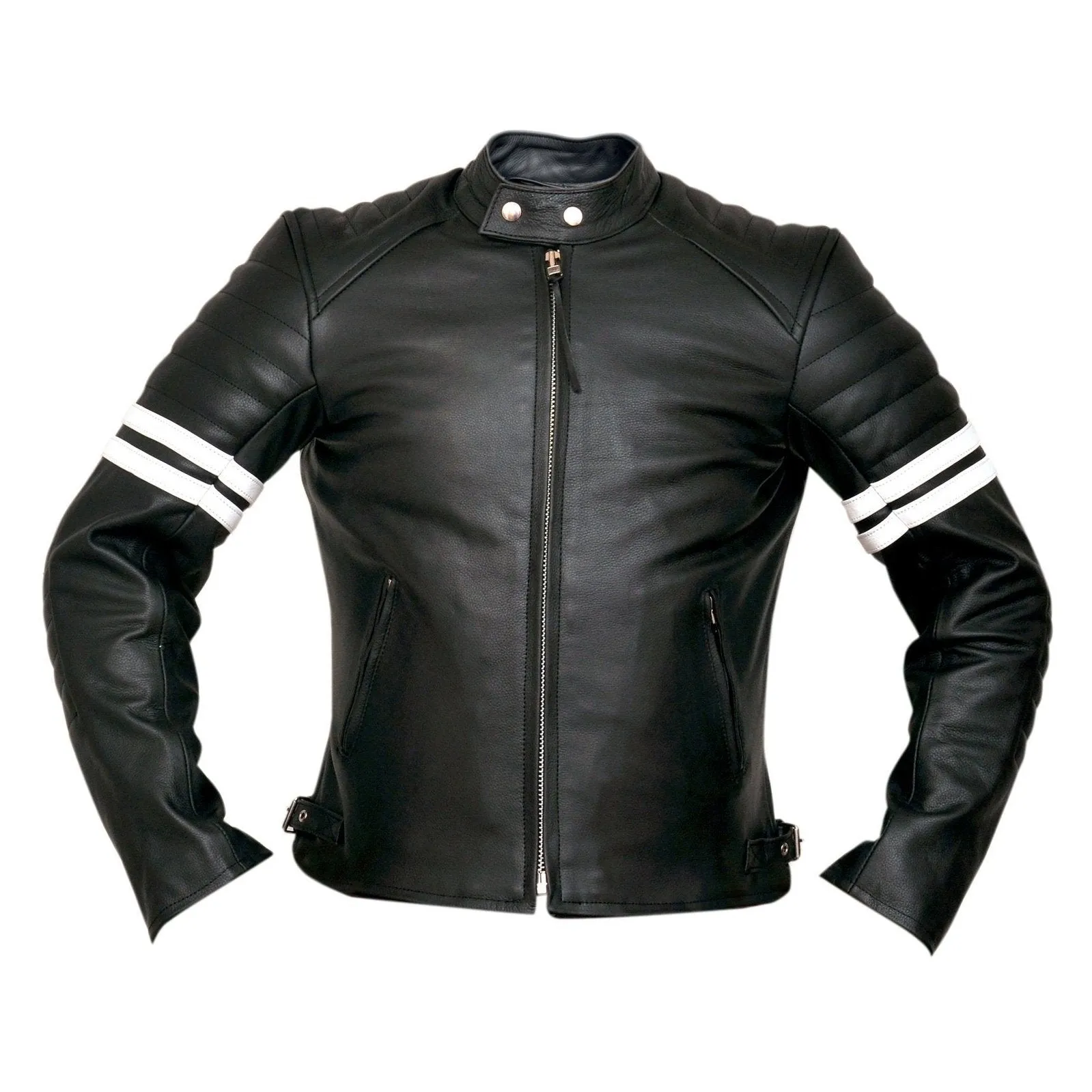 Fight Club 2 White Striped Cafe Racer Style Retro Leather Jacket