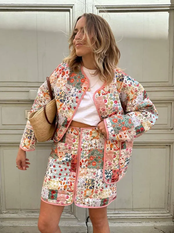 Floral Print Lightweight Button-Up Quilted Jacket