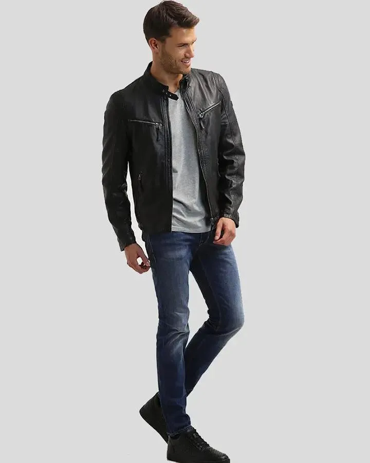 Jose Black Leather Racer Jacket