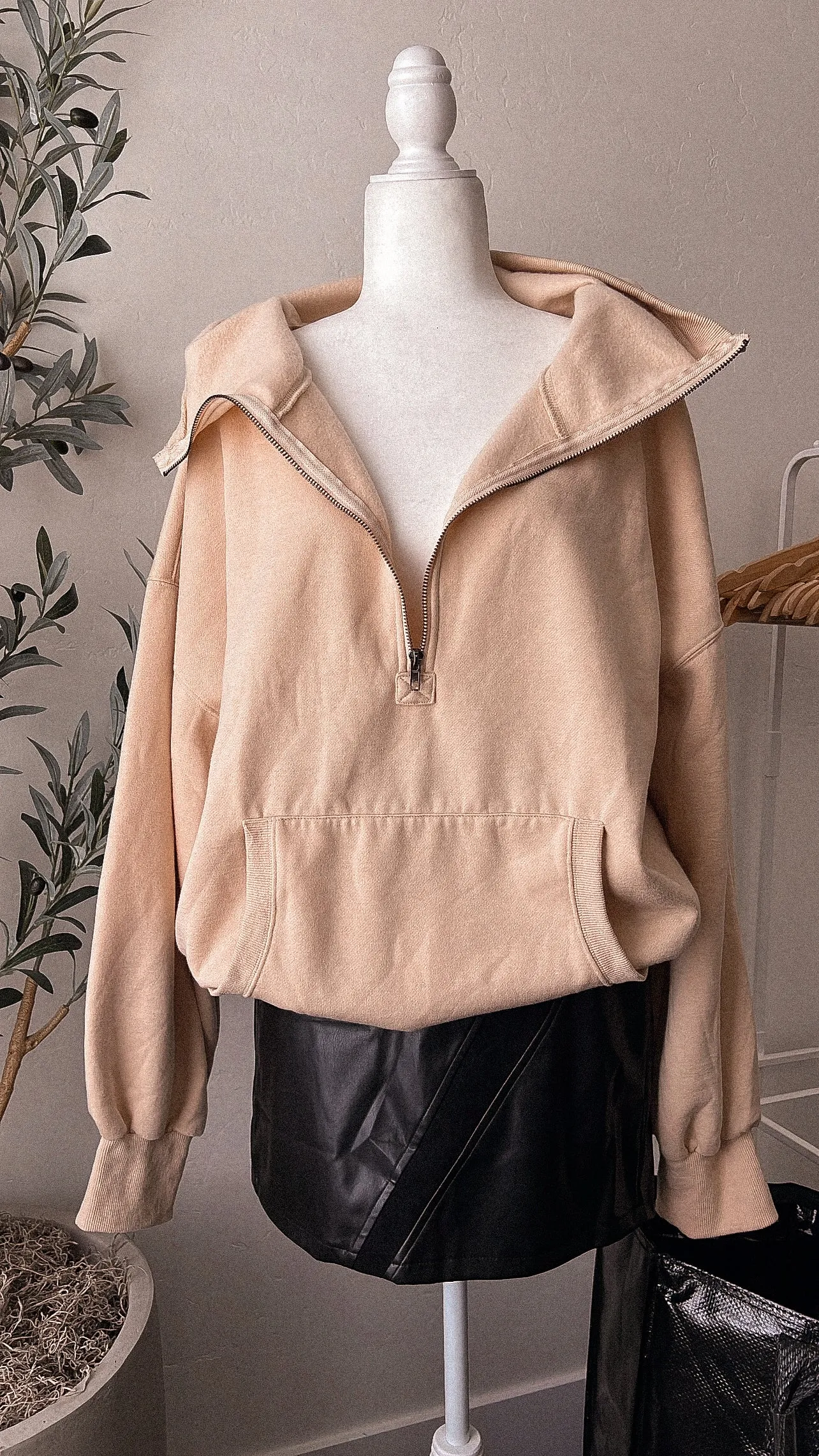 Oatmeal balloon sleeve half zip up oversized hoodie (S-XL)