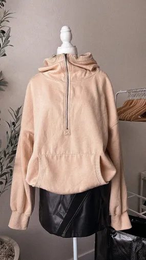 Oatmeal balloon sleeve half zip up oversized hoodie (S-XL)