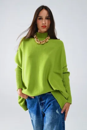 Oversized Cozy Green Sweater with Ribbed Sleeves