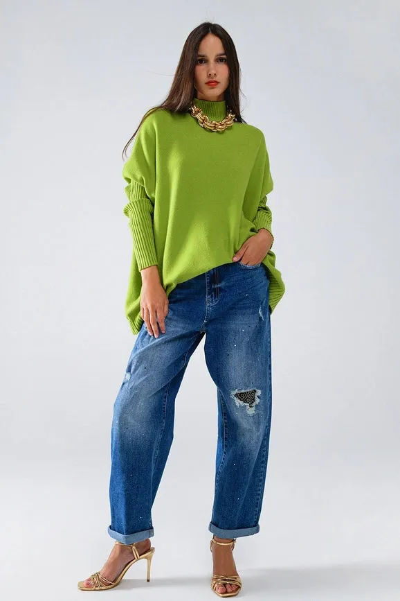 Oversized Cozy Green Sweater with Ribbed Sleeves