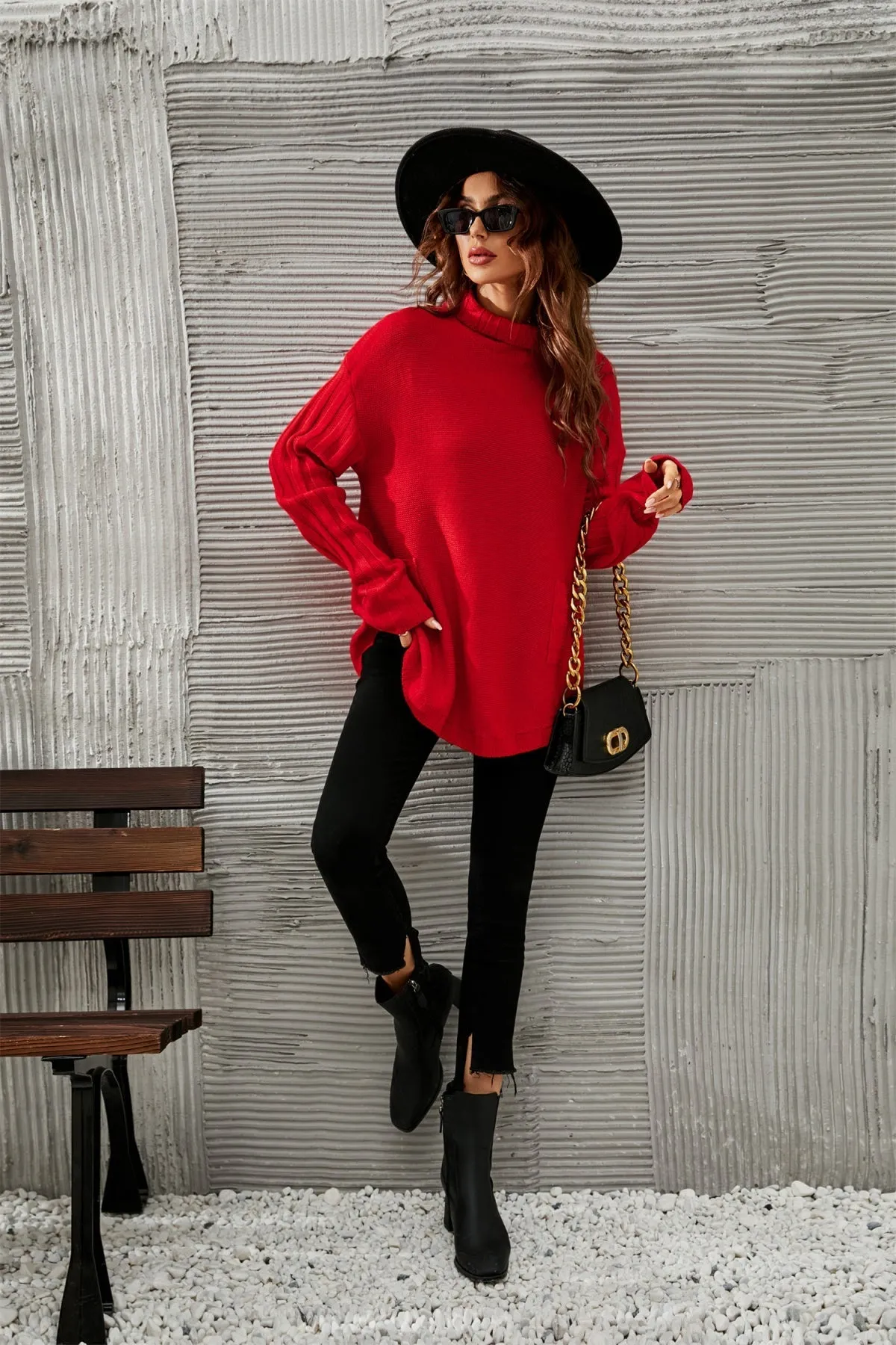 Pullover Red Turtleneck Knitted Sweater