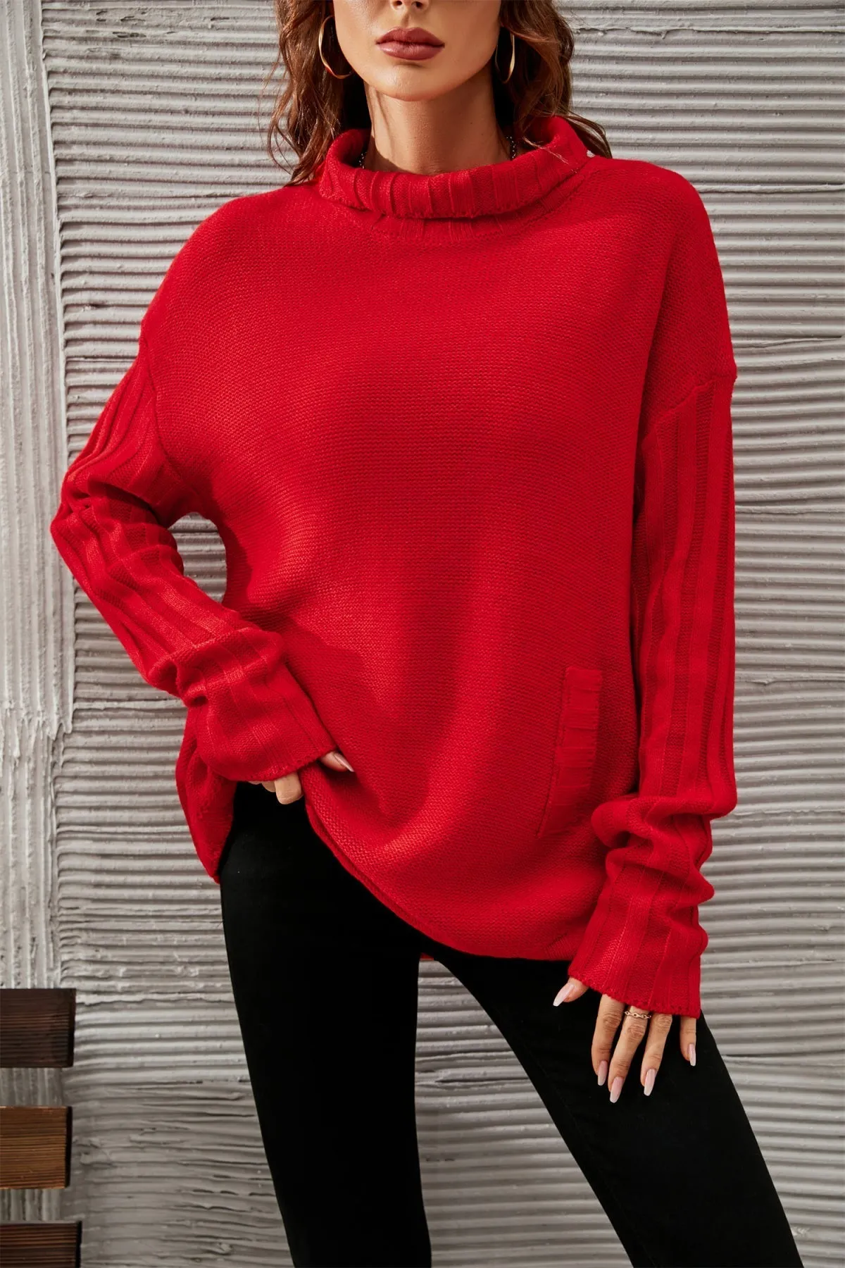 Pullover Red Turtleneck Knitted Sweater