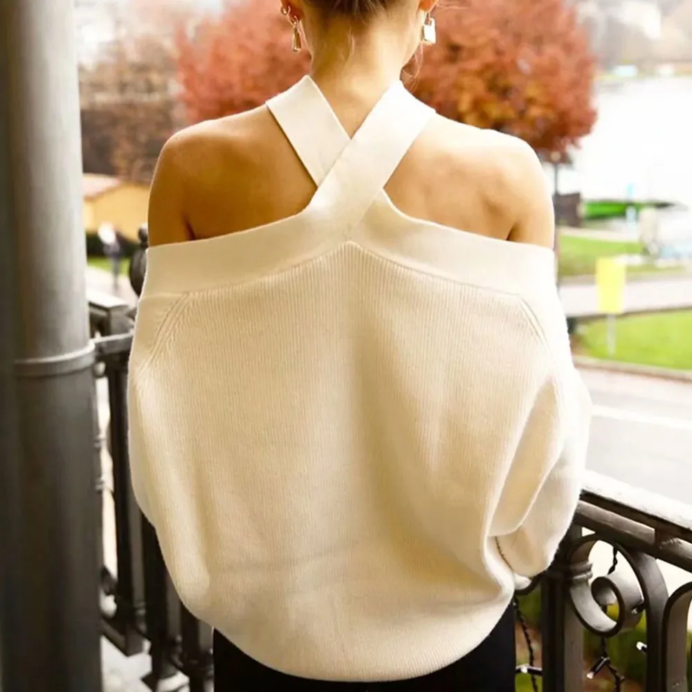 Sexy Criss Cross Neck Cold Shoulder Oversized Pullover Sweater