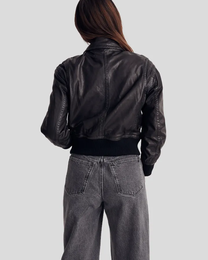 Sleek Cropped Black Leather Bomber Jacket