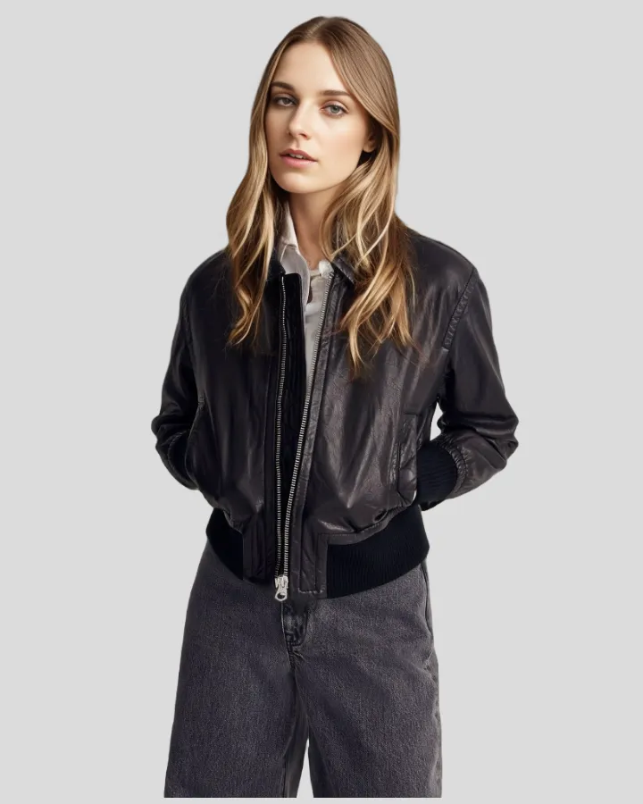 Sleek Cropped Black Leather Bomber Jacket