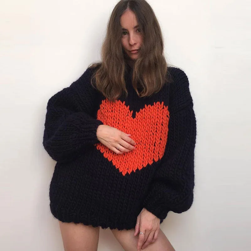 Sweet Heart Print Drop Shoulder Chunky Hand Knit Oversized Sweater