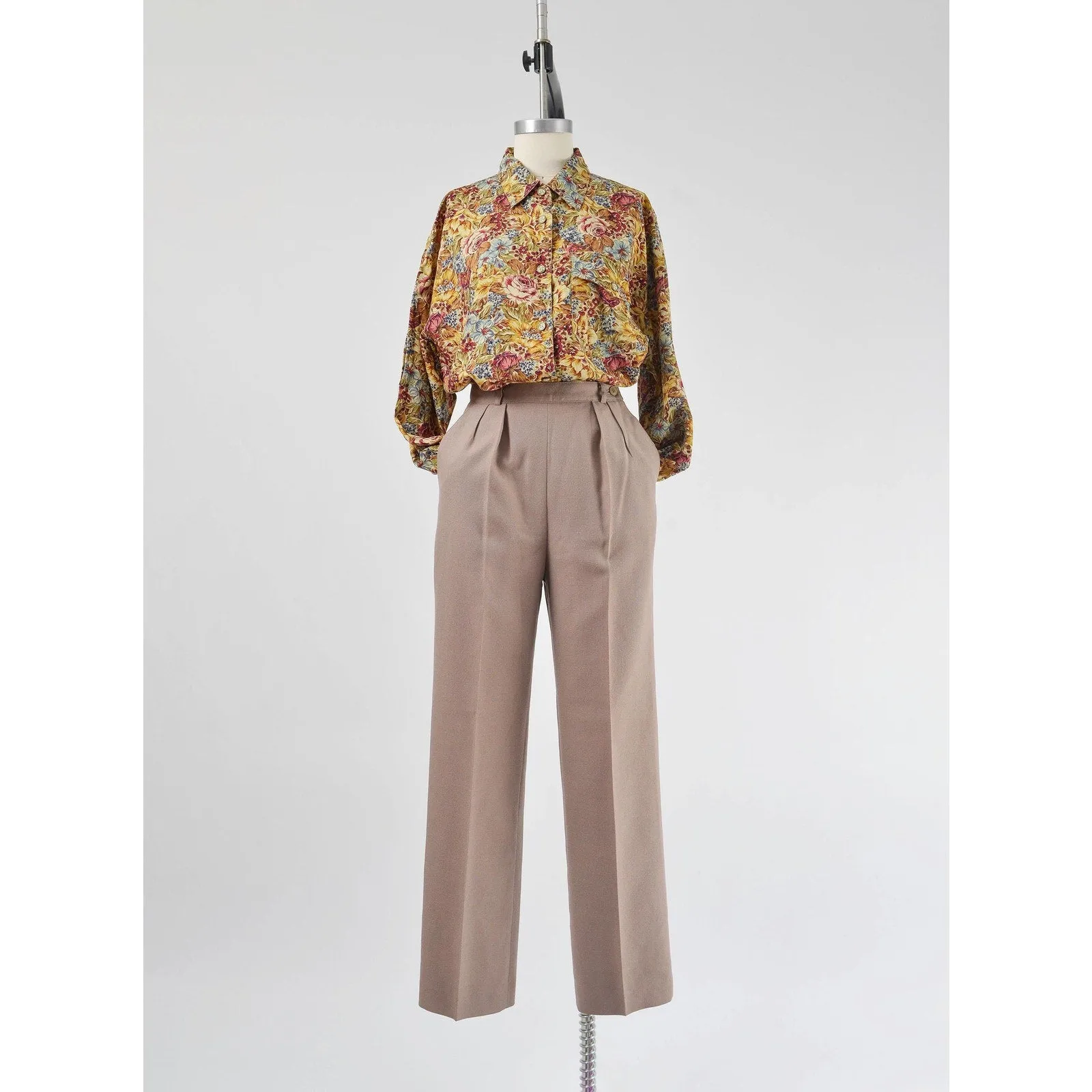 Vintage 80s Brown Wool Pants High Waist Pleated Front Straight Leg Trousers size XS S