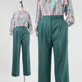 Vintage 80s Green Wool Pants High Waisted Pleated Front Straight Leg Trousers size Small