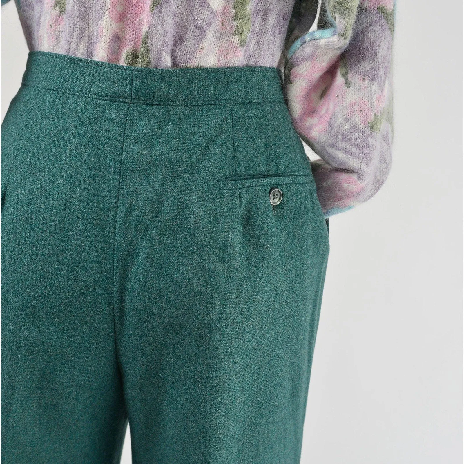 Vintage 80s Green Wool Pants High Waisted Pleated Front Straight Leg Trousers size Small