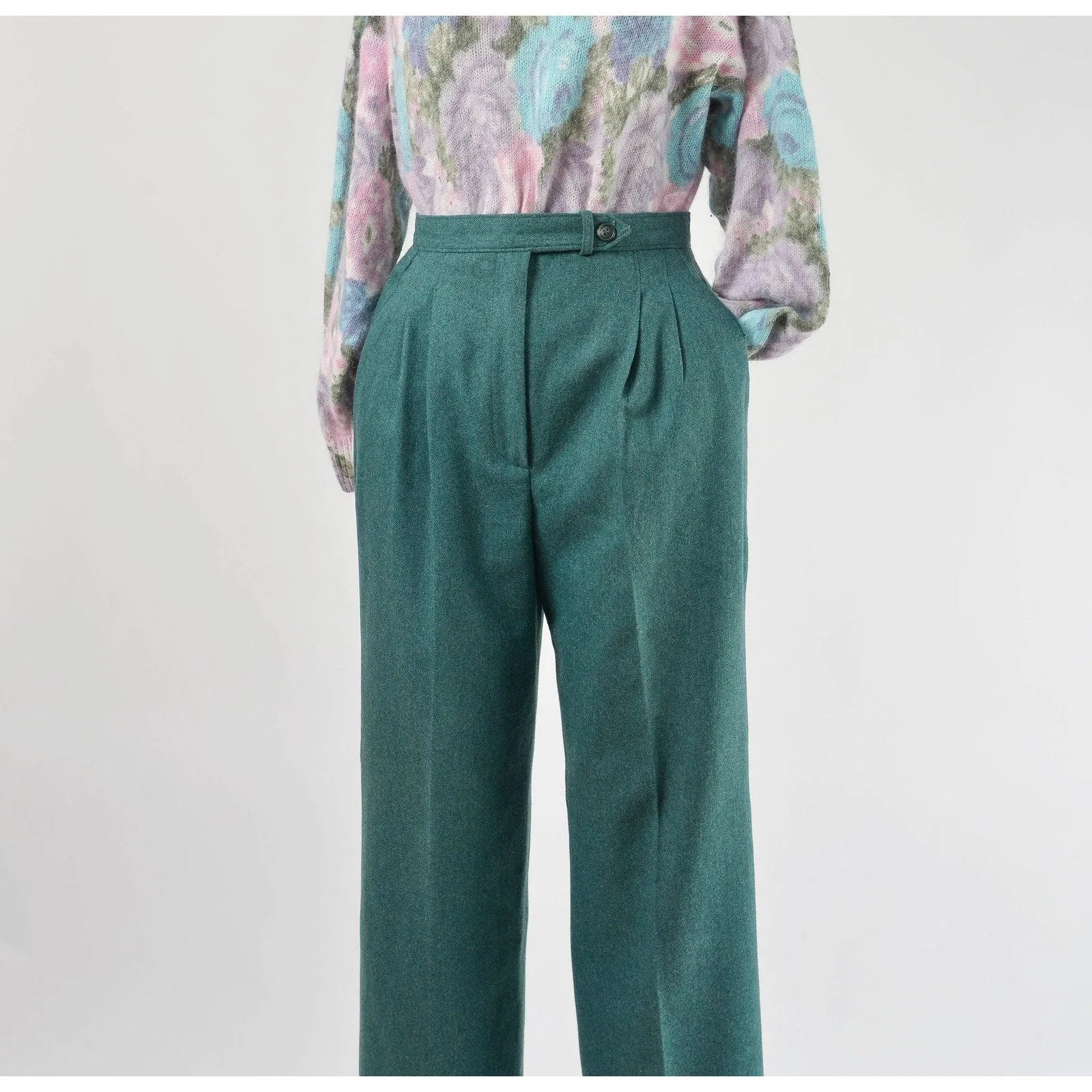 Vintage 80s Green Wool Pants High Waisted Pleated Front Straight Leg Trousers size Small