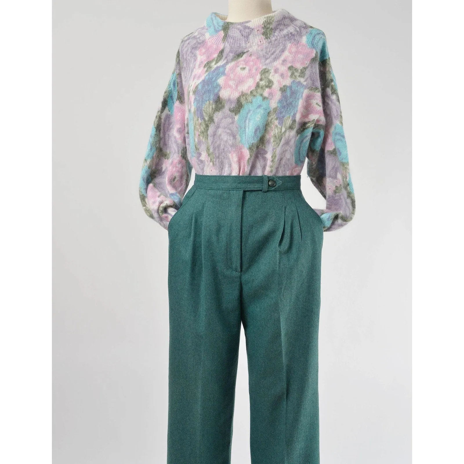 Vintage 80s Green Wool Pants High Waisted Pleated Front Straight Leg Trousers size Small