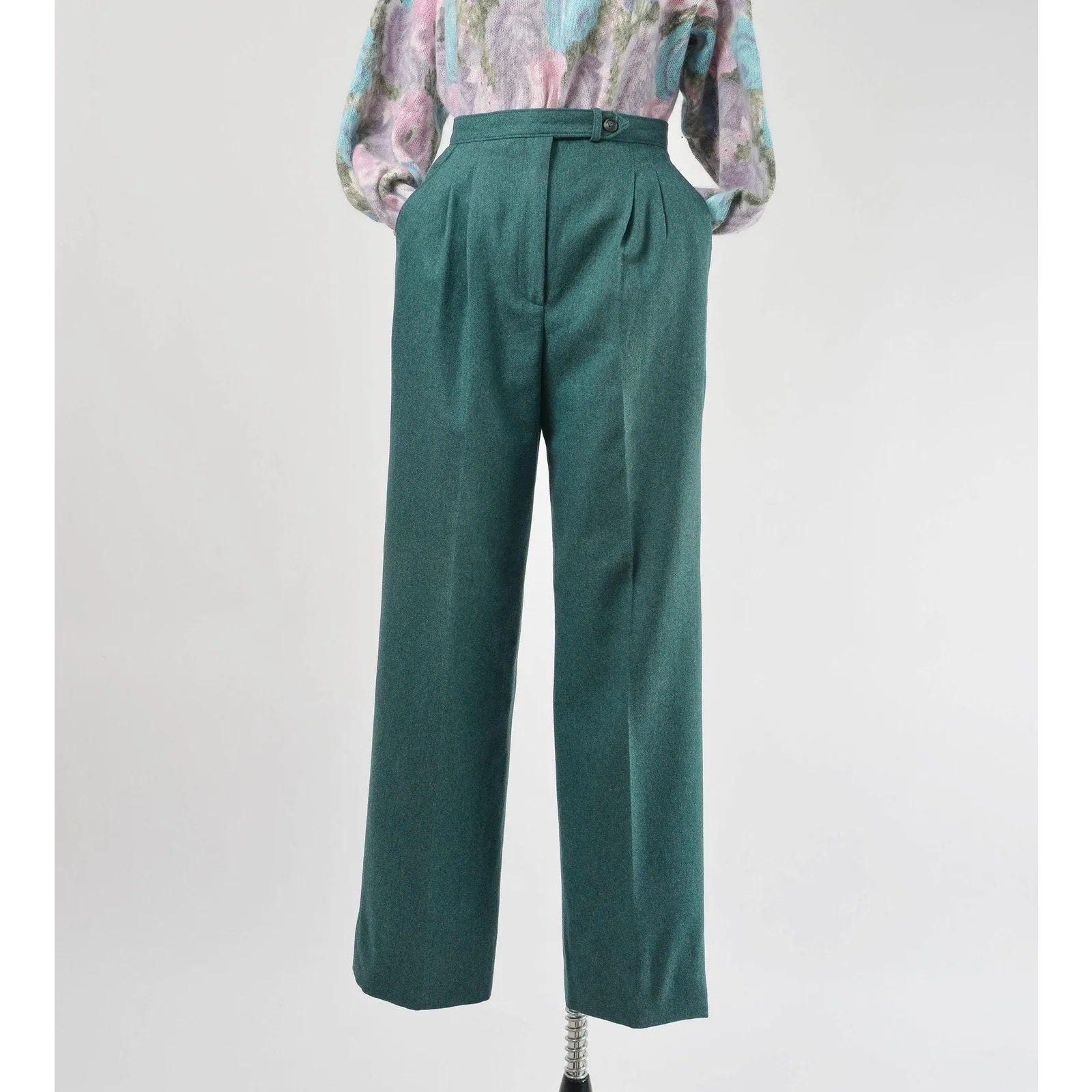 Vintage 80s Green Wool Pants High Waisted Pleated Front Straight Leg Trousers size Small