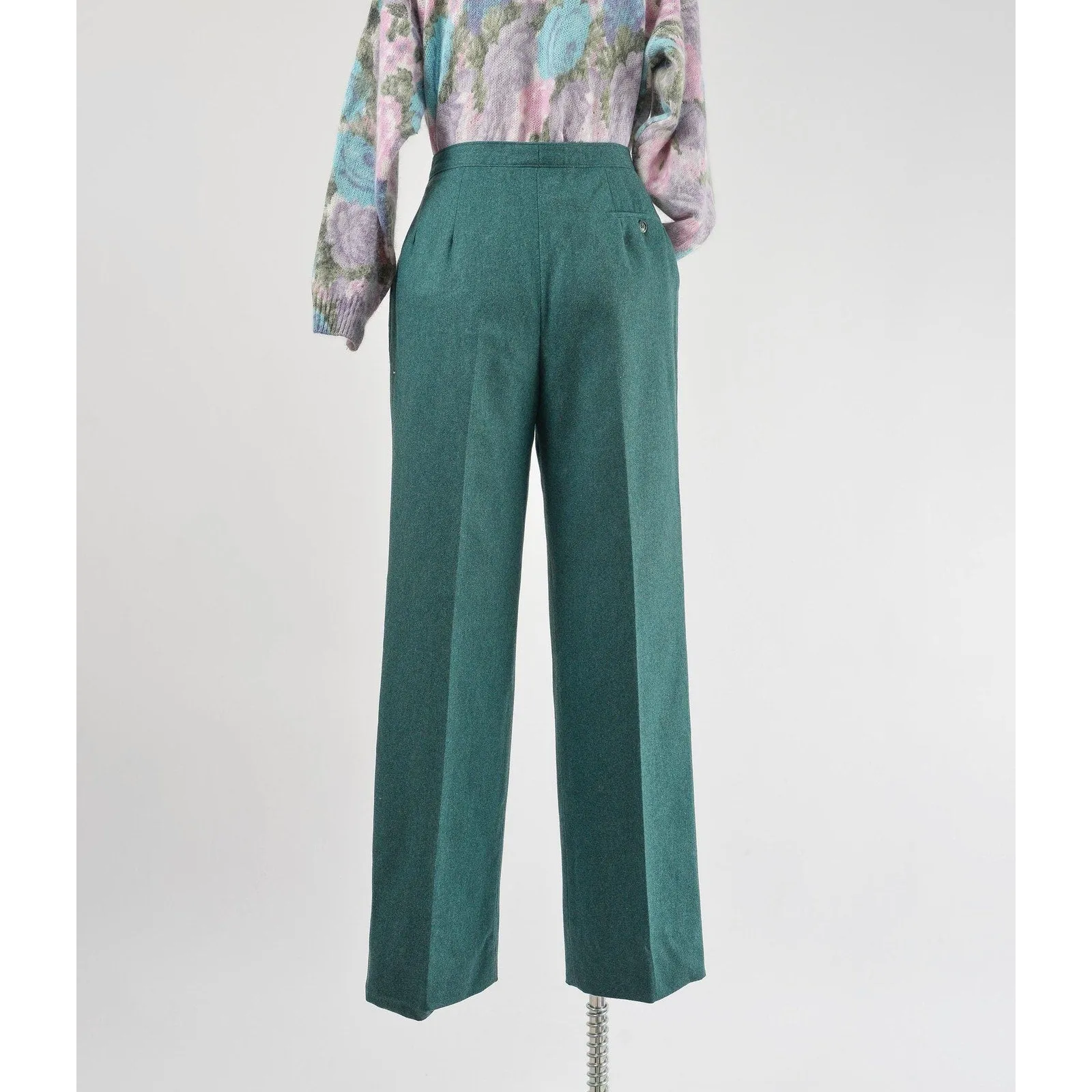 Vintage 80s Green Wool Pants High Waisted Pleated Front Straight Leg Trousers size Small