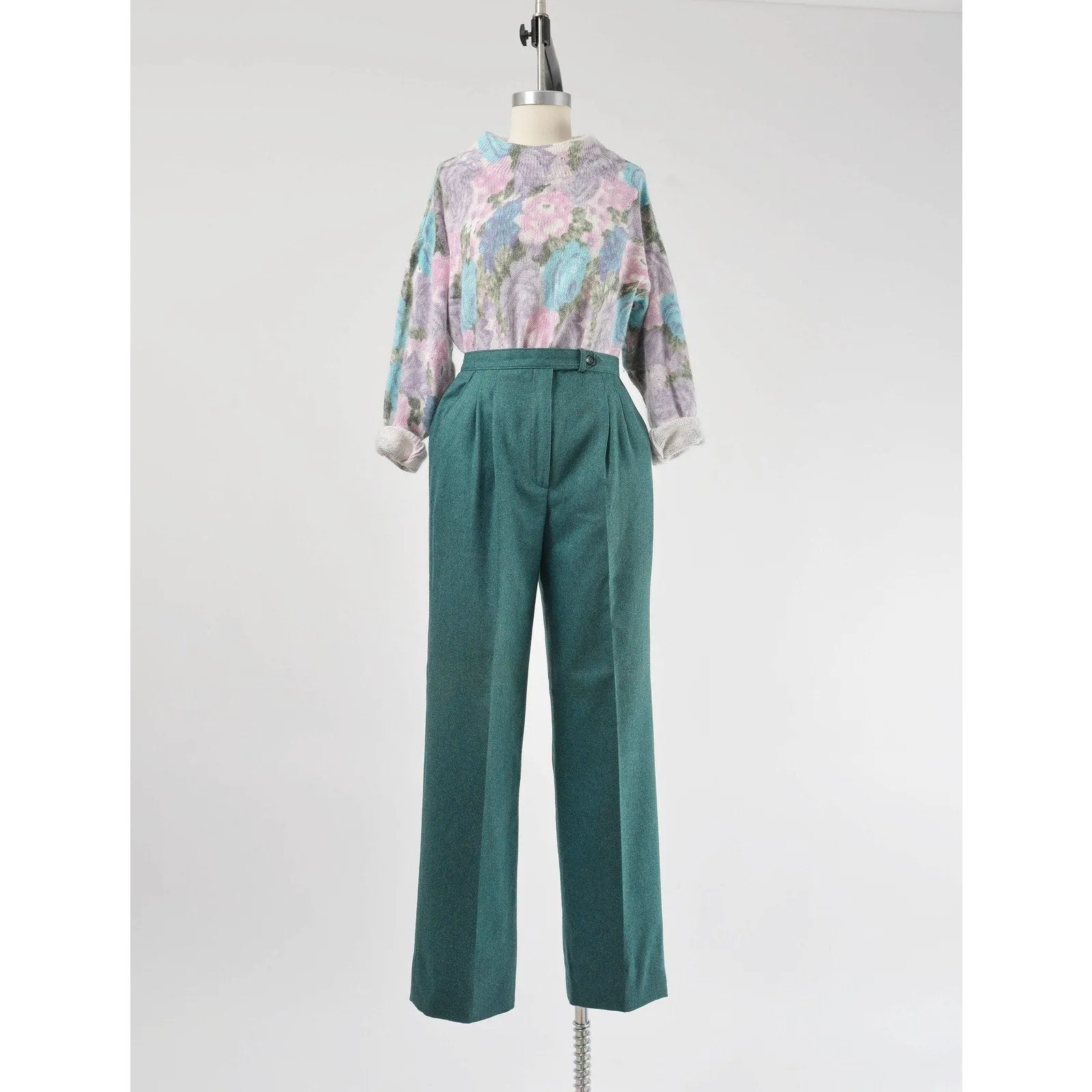 Vintage 80s Green Wool Pants High Waisted Pleated Front Straight Leg Trousers size Small