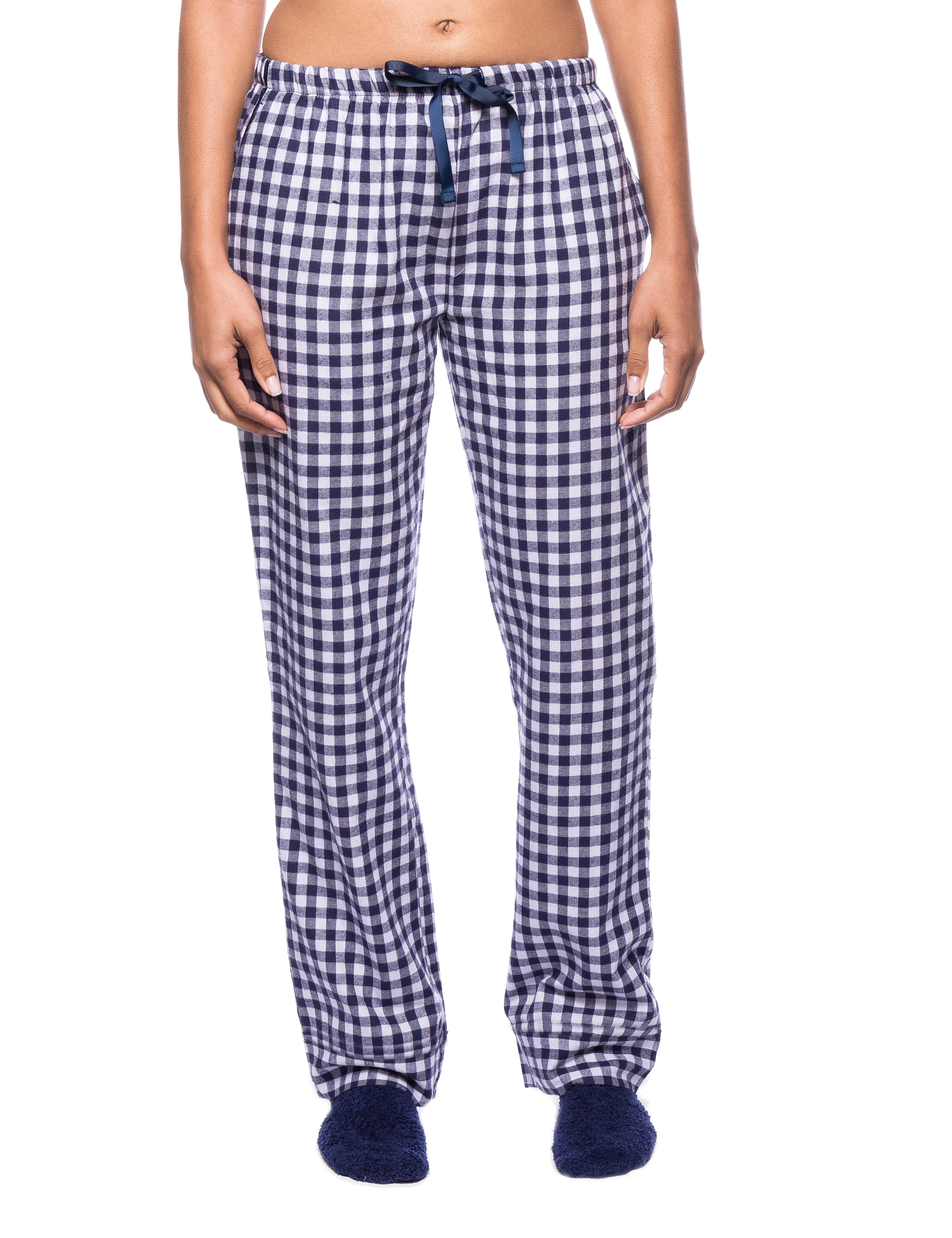 Womens Premium 100% Cotton Flannel Lounge Pants - Gingham Blue/Heather