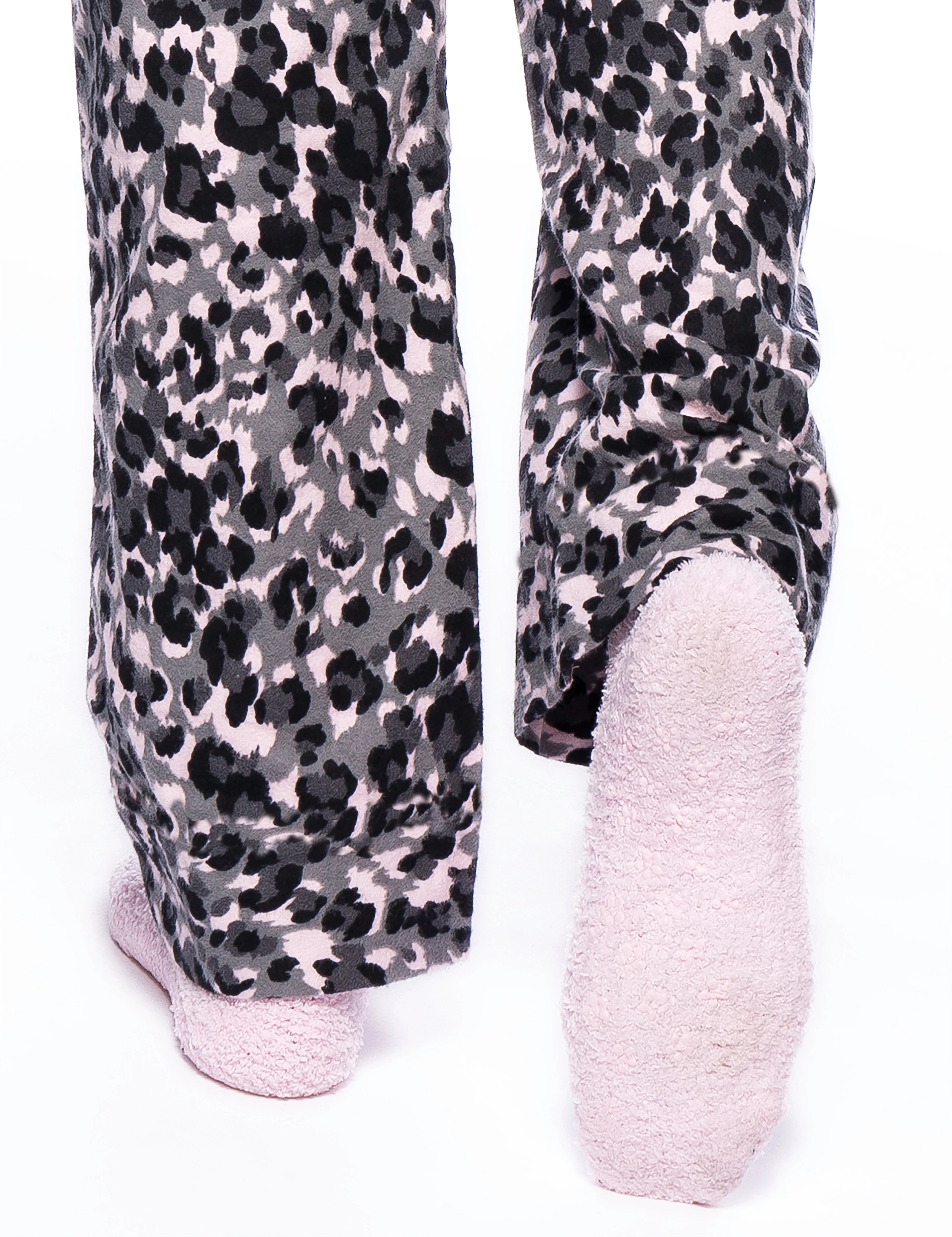 Womens Premium 100% Cotton Flannel Lounge Pants - Leopard Pink/Grey