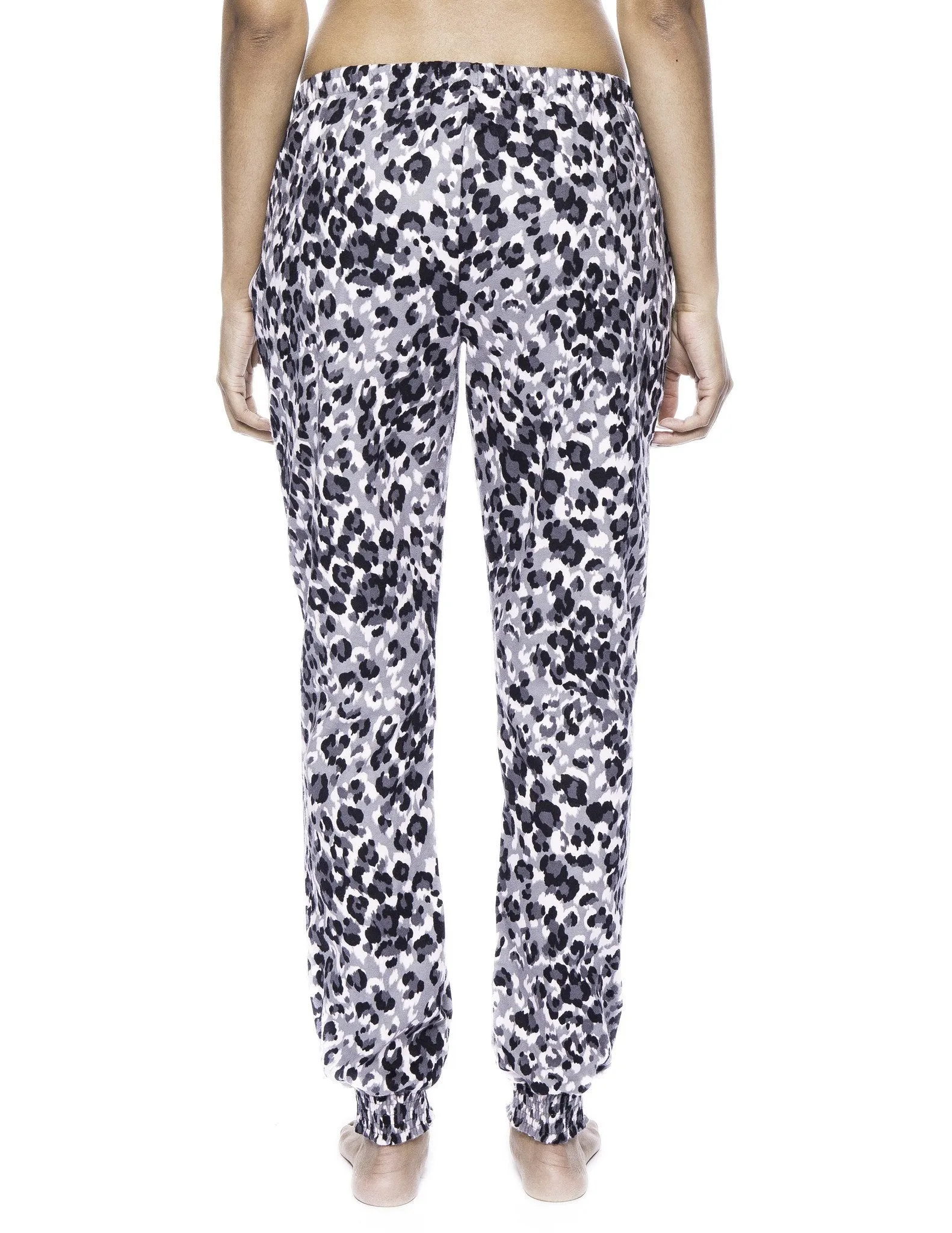 Women's Premium Flannel Jogger Lounge Pants - Leopard Pink/Grey